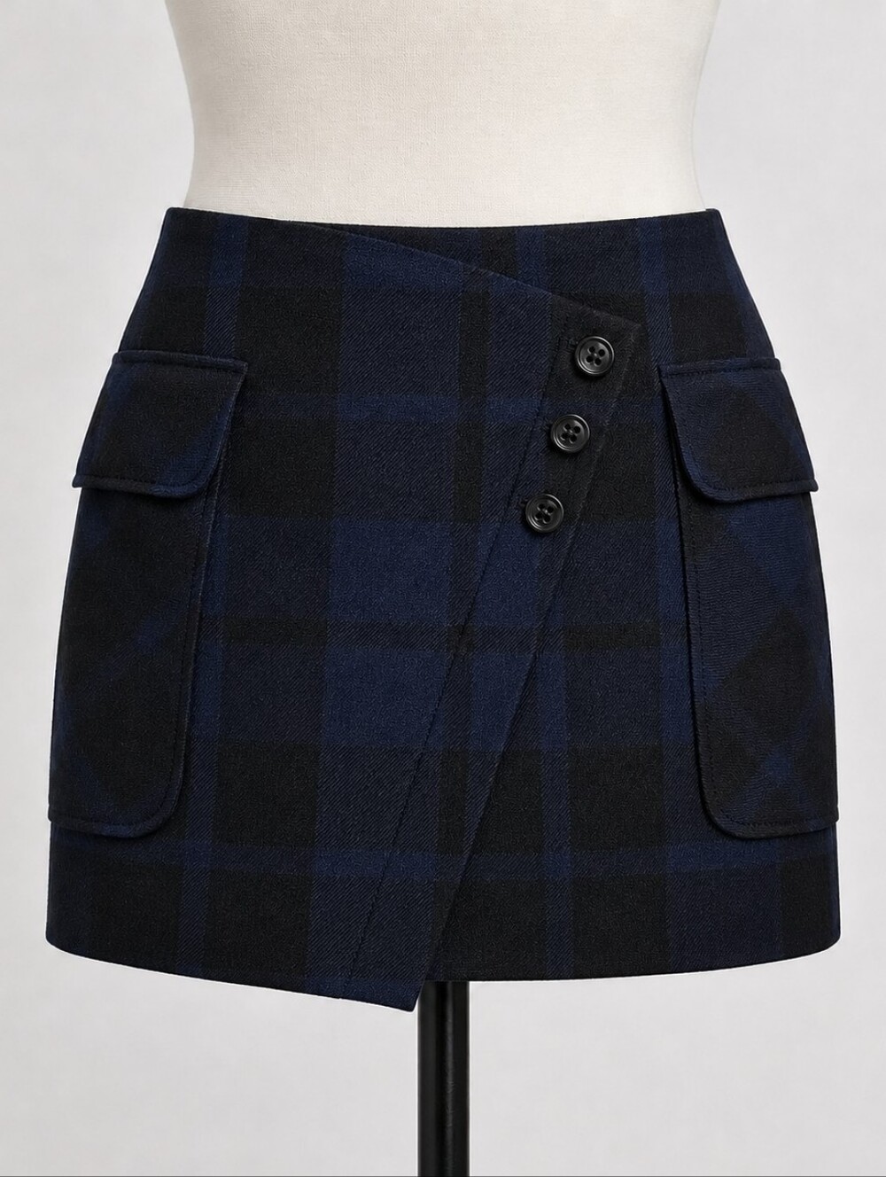 Karen Millen Euro Wool Blend Plaid Utility Asymetrical Mini Skirt US 8 UK 12